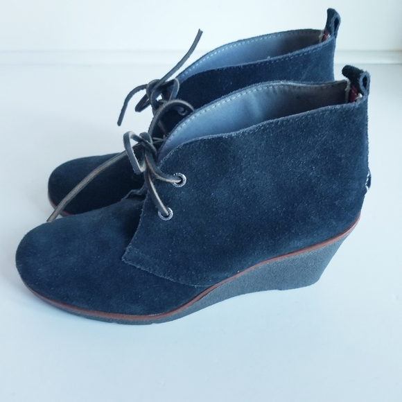 navy suede wedge boots